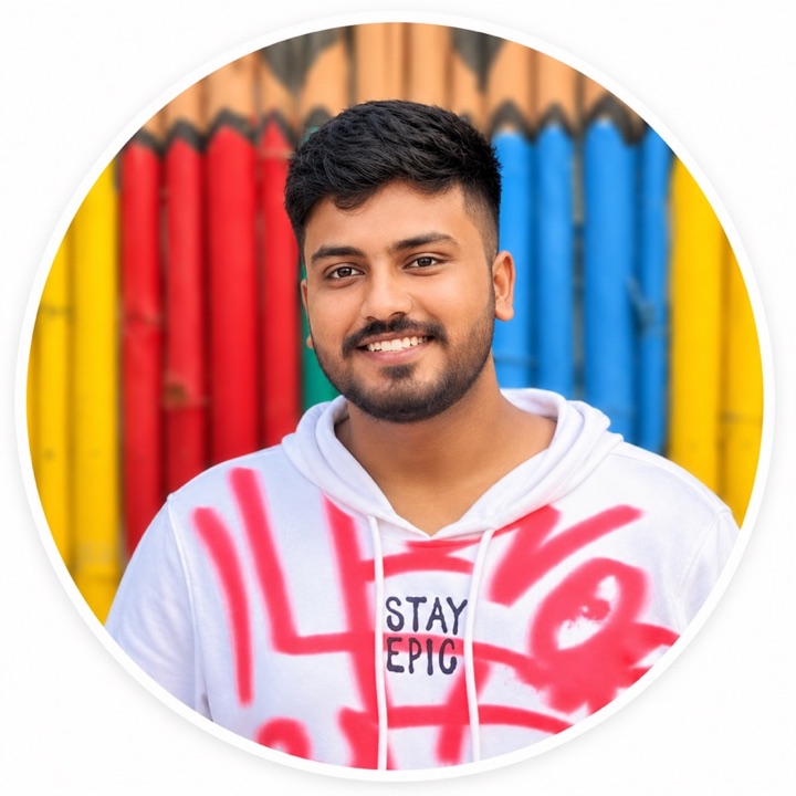 Ajay Raghav smiling in front of a wall painted like giant colour pencils